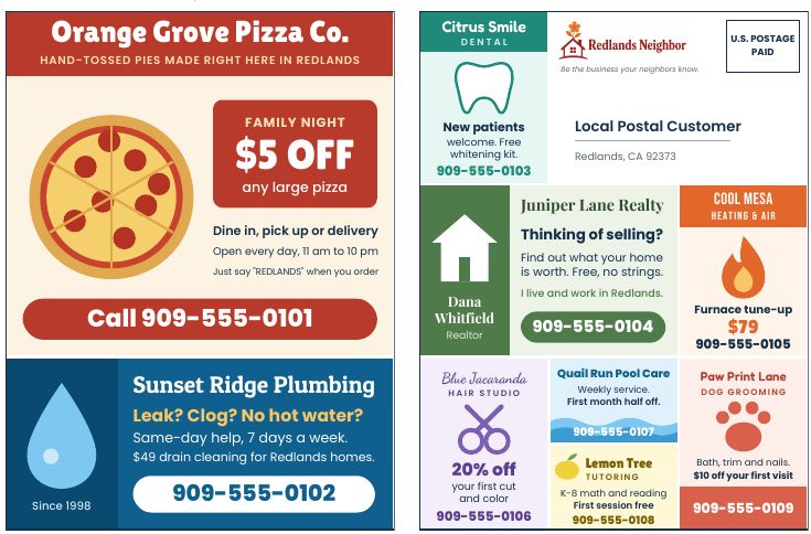 Example of how ad spots sit on the 9x12 Redlands Neighbor card
