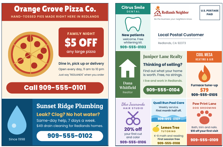 Example of the front and back of a Redlands Neighbor postcard, with sample ads for made-up local businesses such as a pizza place, a plumber, a dentist, a realtor and a hair studio.