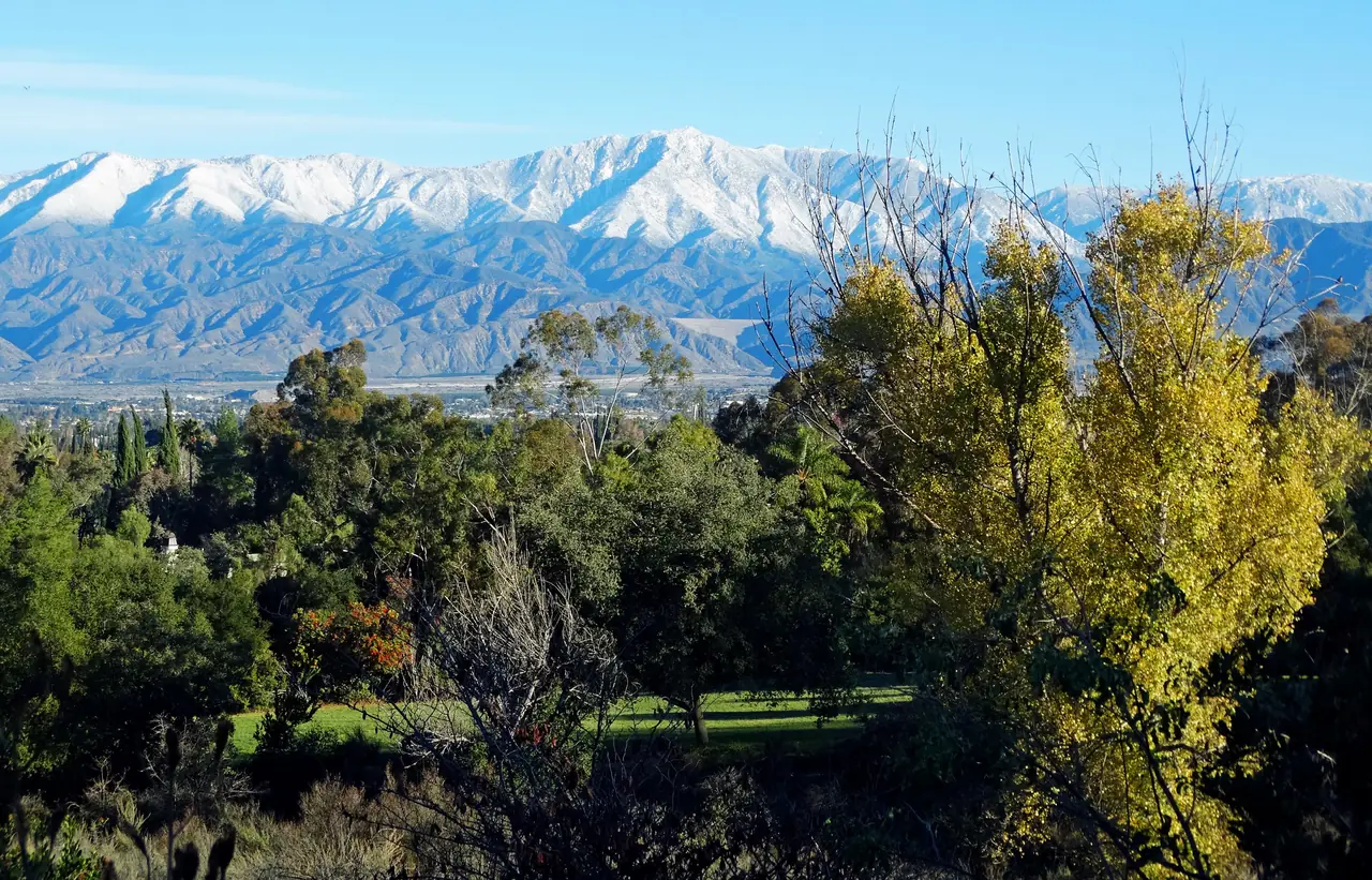 Snow-covered San Bernardino Mountains seen from the hills above Redlands, CA