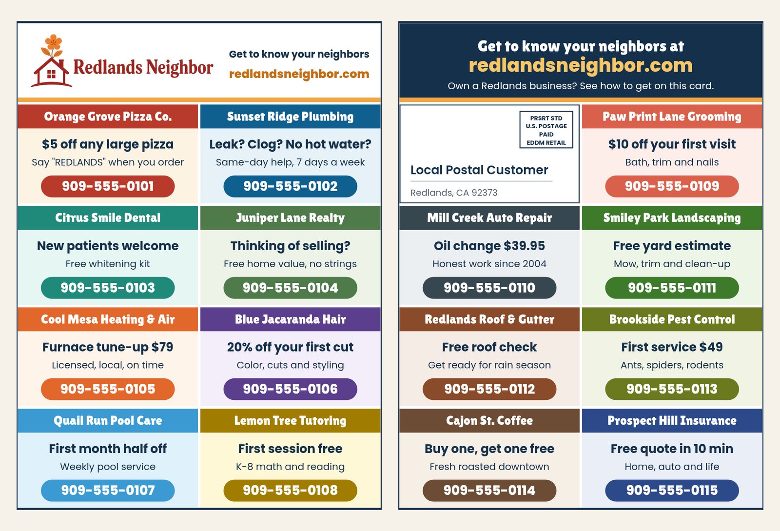 Sample 15-spot Redlands Neighbor postcard, front and back, with made-up example businesses